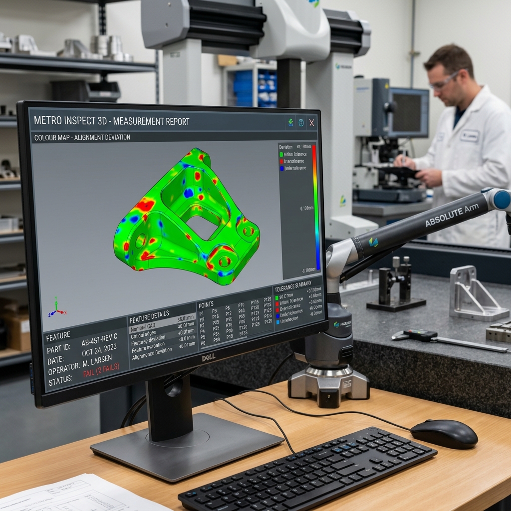 A quality control inspector using a CMM laser probe to verify geometric tolerances on a machined aluminum part. - Image 1