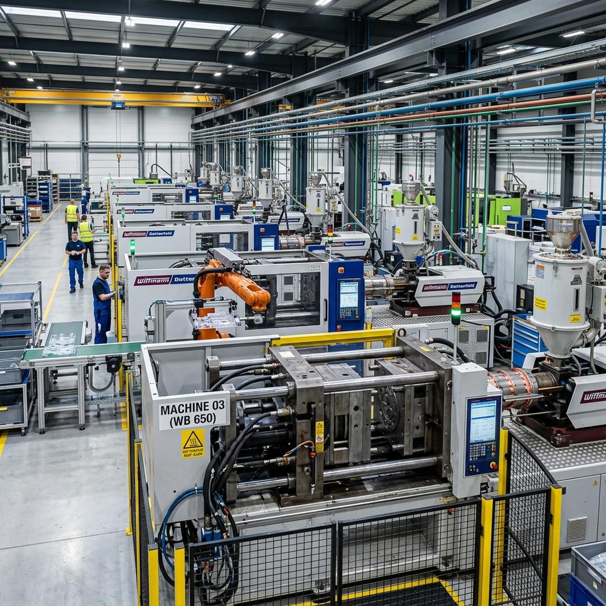 Factory molding machine systems and filament material packaging setups at ThinkToReality. - Image 1