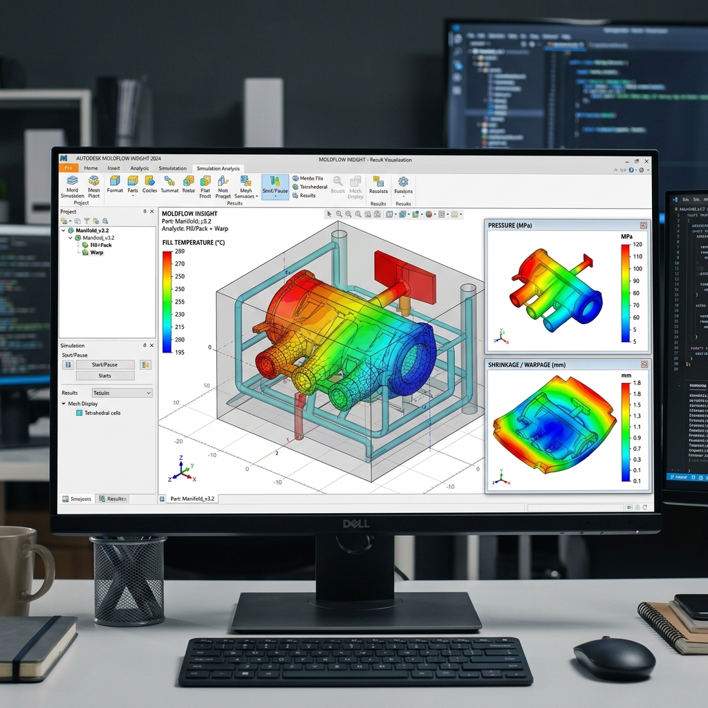 Mold flow analysis software display showing a part's color-coded thermal distribution and predicted warpage zones. - Image 1