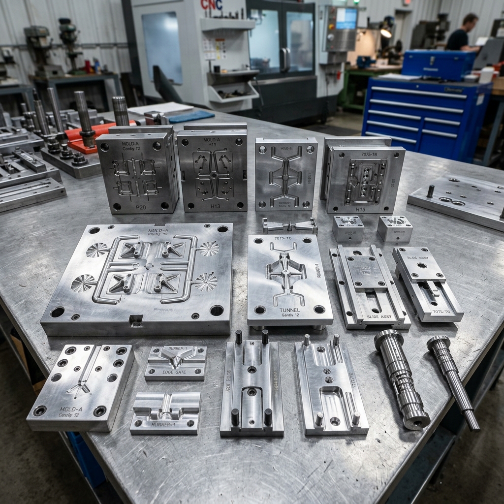 Custom machined mold cores, slides, and plate setups prepared for rapid plastic injection runs. - Image 1