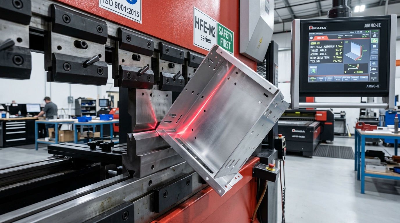 Precision CNC hydraulic press brake performing laser-guided 90-degree flange bending on an aluminum electronic enclosure at ThinkToReality facility.
