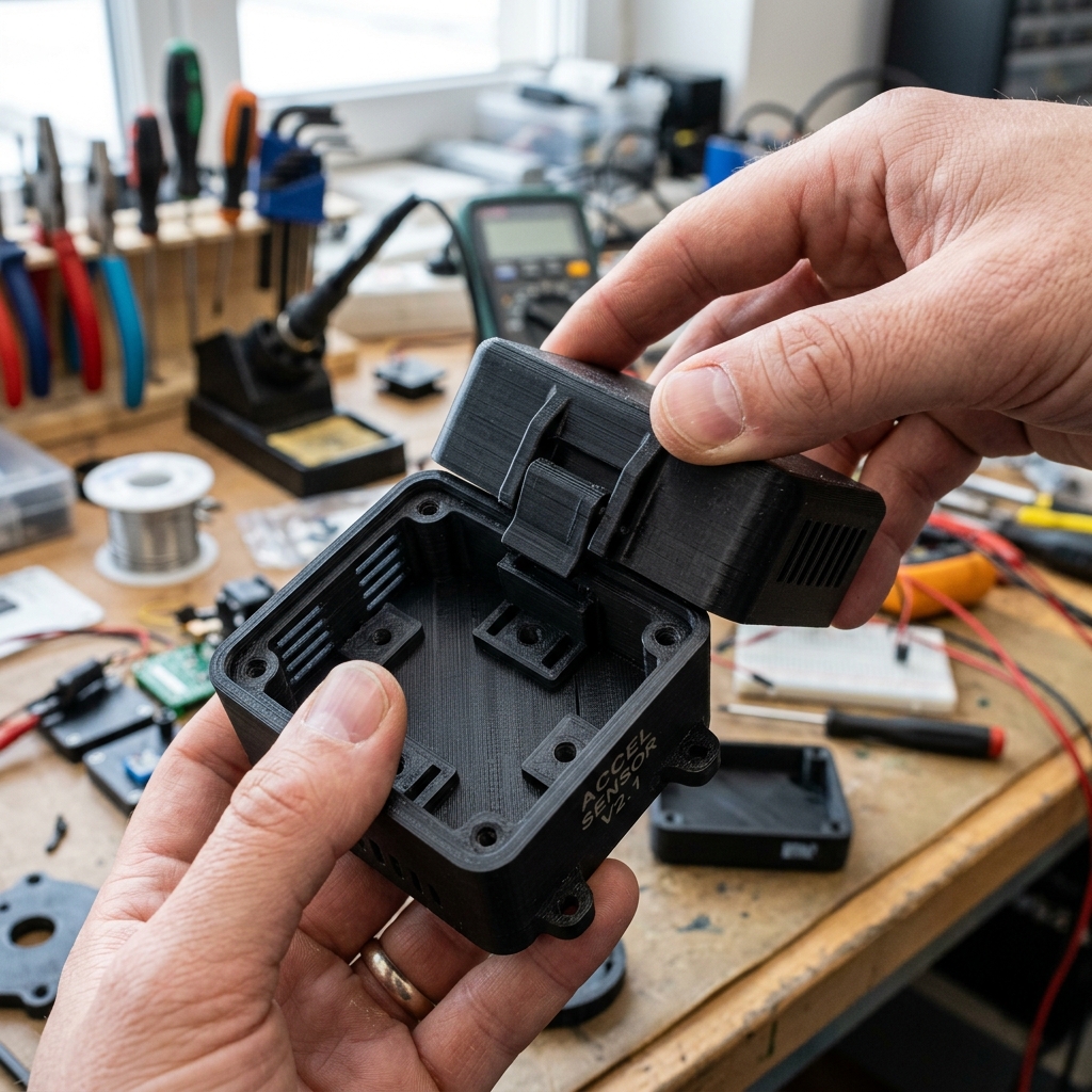 A physical 3D printed matte-black enclosure showing a cantilever snap-fit locking satisfyingly into place. - Image 1
